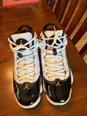 Nike Jordan 6 rings White and Black High-Top Sneakers with Gold Accents size 8